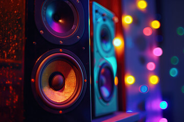 celebrate a party with music from two speakers, colorful lights in blurred background,...