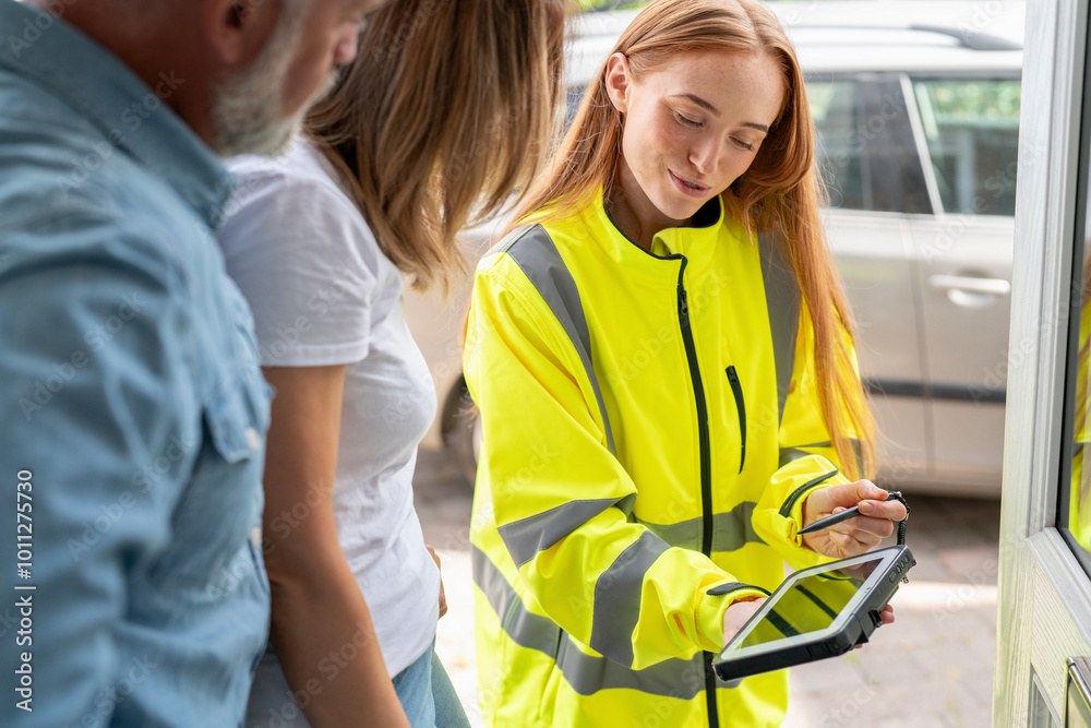 Wall mural a friendly service professional wearing a high-visibility jacket interacts with two clients at their