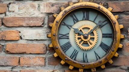 Obraz premium Vintage industrial wall clock with metal gears and distressed finish on exposed brick wall