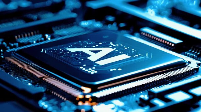 A gleaming silicon chip, etched with the word "AI," Its reflective surface shimmers in the light, 
