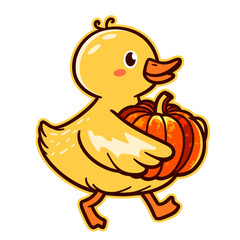 cute duck with a pumpkin, autumn illustration