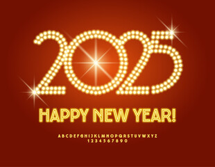 lVector light up Happy New Year 2025 Greeting Card. Bright Neon Font. Glowing Alphabet set of Letters and Numbers.