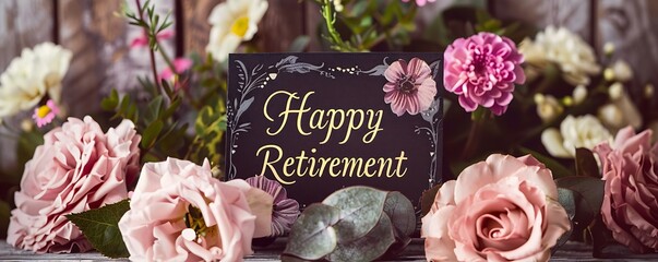A beautiful card saying "Happy Retirement," surrounded by vibrant flowers, celebrating the occasion of retirement with elegance and charm.