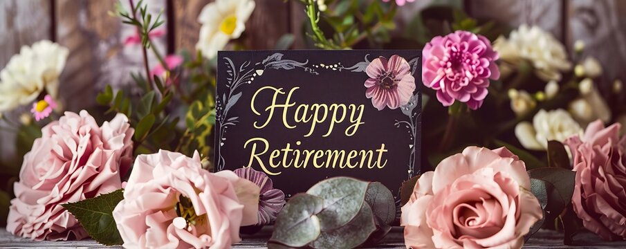 A beautiful card saying "Happy Retirement," surrounded by vibrant flowers, celebrating the occasion of retirement with elegance and charm. - Powered by Adobe