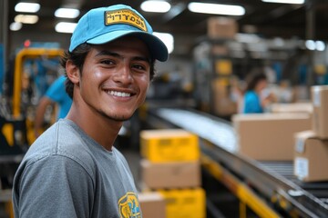 A Smiling Young Man Wearing a Blue Hat in a Warehouse Setting