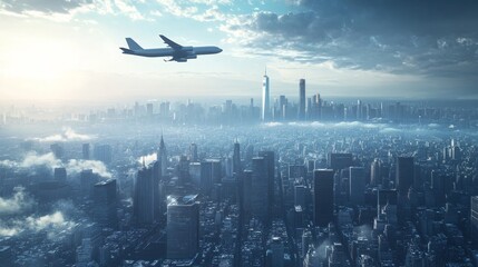 Fototapeta premium Daytime cityscape with plane
