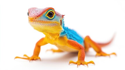 Fototapeta premium A beautiful colorful lizard, bright colors, long tail, bright shining eyes, standing upright full length isolated on white