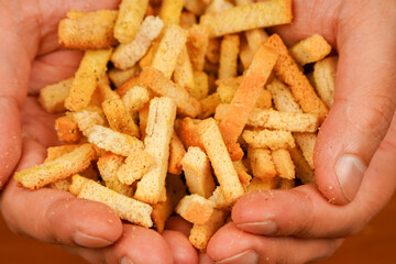 Snack. Cholesterol. Fast carbohydrates. Salty snack for beer. Unhealthy food. Croutons. Unhealthy food for figure, heart, skin, teeth. Junk food. Fast food.