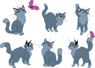 cute gray cartoon cat. Set of vector illustrations in cartoon style