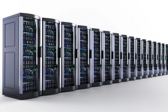 Data Isolated On White. Row of Network Servers in Data Center Room. 3D Illustration