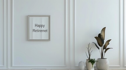 A minimalist interior featuring a framed inspirational quote and decorative potted plants against a clean, white wall.