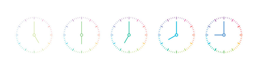 five step analog watch face. multi-coloured, thin, thick watch dials. analog clock set