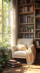Sunny and Cozy Reading Nook with Comfortable Chair and Books  