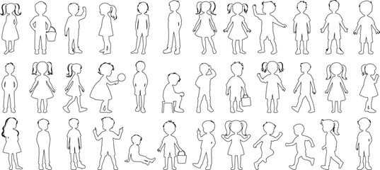 children outline vector set , kids standing, playing, jumping, boy, girl, various poses line drawing, kids illustration, hand drawn child in minimal design