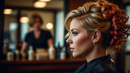 Fototapeta premium A beautiful young woman with blonde hair styled in an elegant updo, sitting in a salon chair.