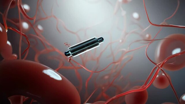 A nanorobot navigates through a bloodstream, zooming out slowly with soft lighting, showcasing advanced medical technology in a dynamic biological environment.