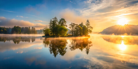 Obraz premium serene morning scene featuring tranquil lake surrounded by lush trees, reflecting golden sunlight and mist. calm water enhances peaceful atmosphere of this beautiful landscape