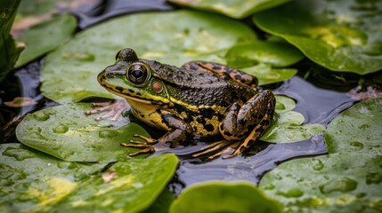 Fototapeta premium Wet frog sitting on a lily pad in a pond, surrounded by water and leaves.