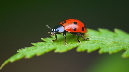 Fototapeta premium A ladybug with bright red wings and black spots crawling on a green leaf.