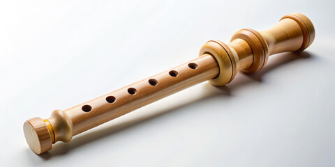 Naklejka premium wooden recorder resting on smooth, creamy white background, showcasing its elegant design and craftsmanship. natural wood grain adds warmth and character to this musical instrument
