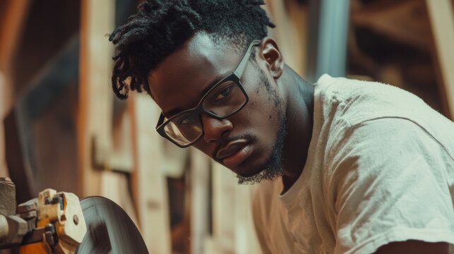 Focused African American craftsman using a circular saw in a woodworking workshop - Powered by Adobe