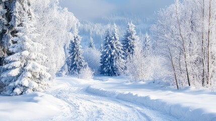Obraz premium A snow-covered forest path winds through frosted trees, leading to a serene winter wonderland scene.