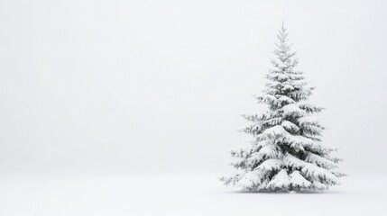 Obraz premium A small pine tree stands alone in the snow, with soft falling snowflakes creating a peaceful winter scene