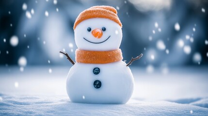 Fototapeta premium A cheerful snowman wearing a cozy scarf and hat, surrounded by snow-covered branches, against a frosty winter backdrop.