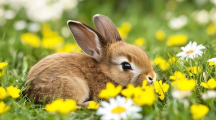 Fototapeta premium Cute bunny resting in a meadow filled with yellow and white flowers on a sunny
