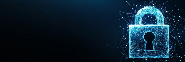 Abstract Blue Polygonal Padlock On Dark Background Symbolizing Cybersecurity And Data Encryption