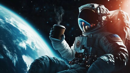 An astronaut in a spacesuit casually sipping coffee from a floating cup while gazing at Earth from the outside of a space station