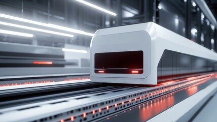 3D rendering of an industrial laser etching machine in action, inside the production hall of a modern factory, with a white and grey color scheme and red LED lights illuminating its exterior. 