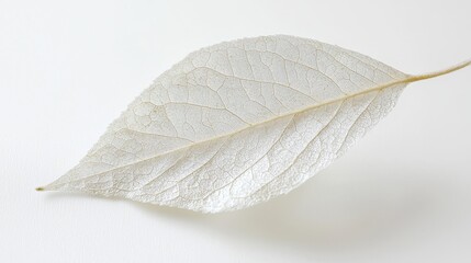 A close-up of a delicate leaf with soft edges and a subtle sheen, isolated on a bright white backdrop.