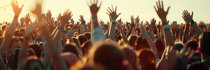 Lifestyle shoot of a large crowd of happy young people with hands in the air at a sunny music festival