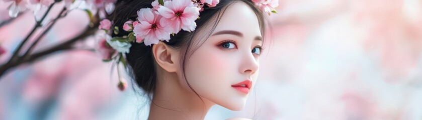 Naklejka premium Elegant Asian woman with floral headdress, traditional ethnic attire, serene beauty against a backdrop of blossoming cherry trees