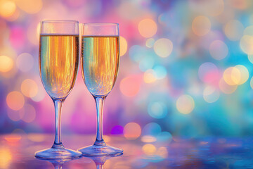 celebrate new years eve with two glasses of champagne against colorful blurred lights background, pink and blue, copyspace, photorealistic