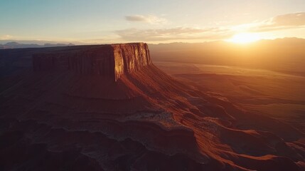 Aerial view of a majestic desert mountain at sunset.