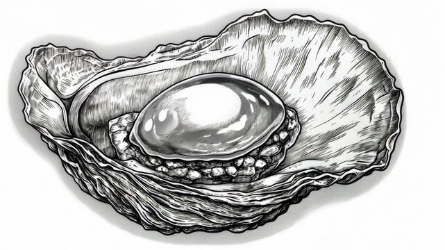 A detailed drawing of a large abalone shell with a single pearl inside