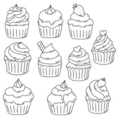 set of cupcakes lineart
