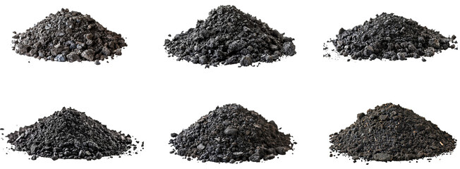Various black aggregate piles for construction use. Set png isolated on transparent background
