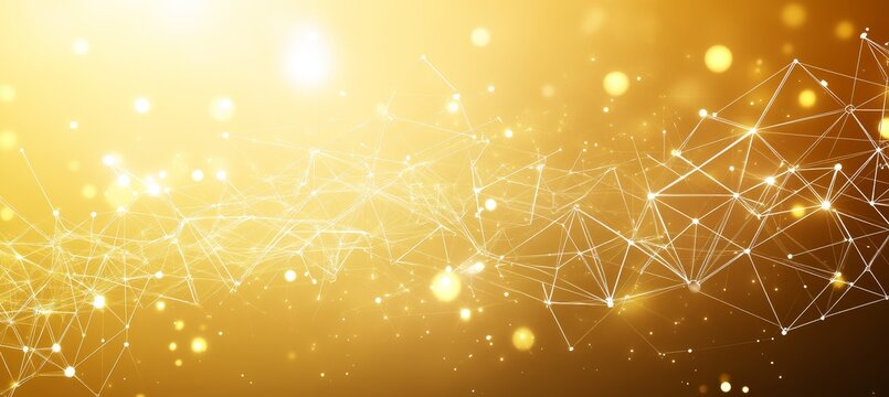Golden Network Technology, Plexus Background Abstract With Glowing Spots Golden Bokeh.