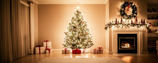 Christmas Tree Fireplace Decorated Home Interior Festive Lights Presents