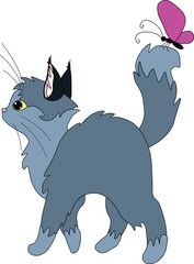 a gray cat with yellow eyes walks with its tail raised and a butterfly sits on its tail, stock vector, cartoon