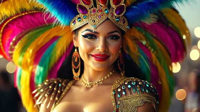 A woman wearing a colorful feathered headdress smiles at the camera during a carnival celebration