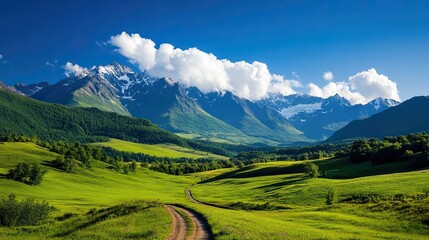 Obraz premium Breathtaking mountain landscape with lush green fields under a bright blue sky and fluffy clouds.