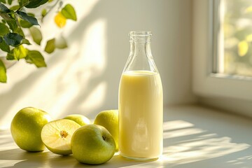 A Glass Bottle of Apple Juice With Green Apples on a Table