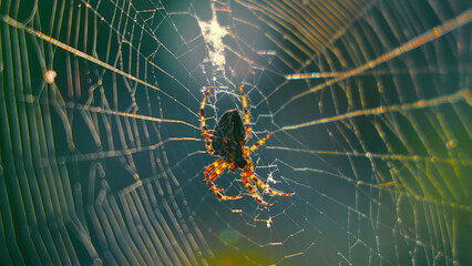 Close-Up of Spider on Intricate Web. A detailed close-up of a spider sitting at the center of its intricate web.