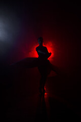 Silhouette of a woman in a red skirt dancing Latin in smoke in neon light. Dance concept. Bachata,...