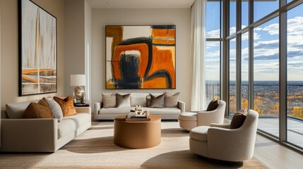 Inviting living room with earth tones, contemporary decor, cozy seating, abstract art, large clear windows, minimalist yet warm