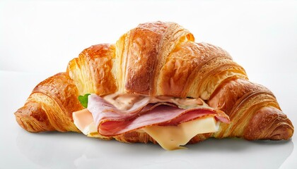 A fresh ham and cheese croissant sandwich with layers of ham, cheese, and pastry, isolated close-up, perfect for a delicious breakfast or snack